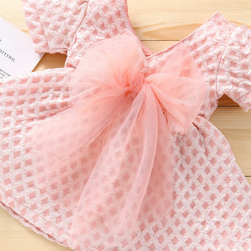 6months-4years Baby Girl Party Dresses V-Neck Solid Color Mesh Bow Short Sleeves Wholesale Baby Clothes In Bulk - PrettyKid