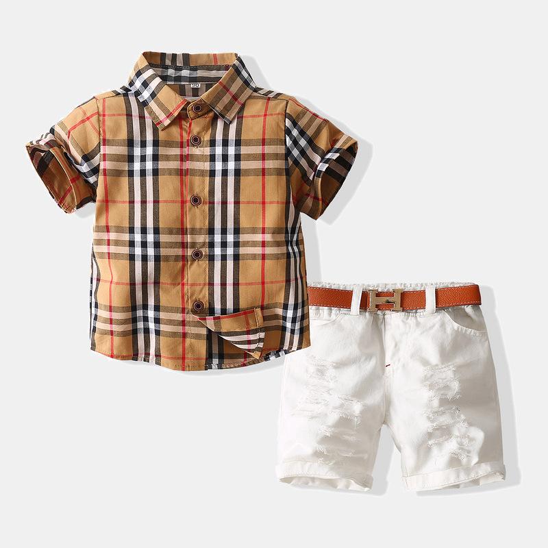 Plaid Striped Short-Sleeved Shirt and Shorts Two-Piece Set - PrettyKid