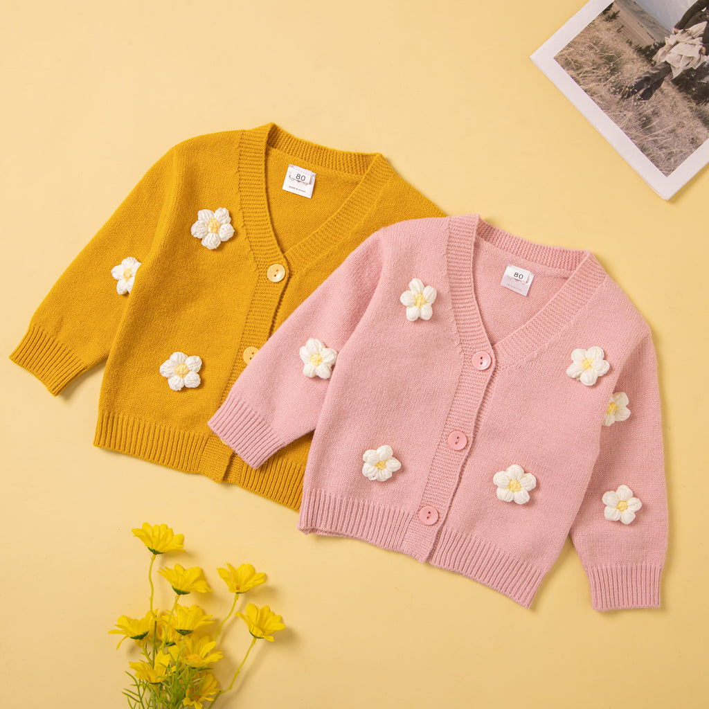 Girls Solid Color Cute Flowers V-neck Button Knit Sweater Cardigan - PrettyKid