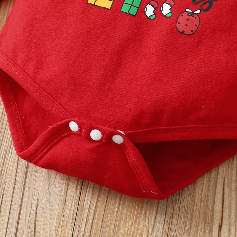 Baby Girls Christmas Printed Long Sleeved Jumpsuit Short Skirt Scarf Set - PrettyKid