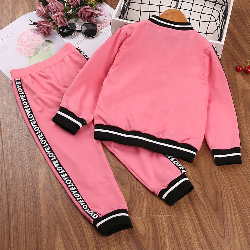 Toddler Kids Girls Solid Color Letters Stitching Baseball Suit Tops Pants Set - PrettyKid