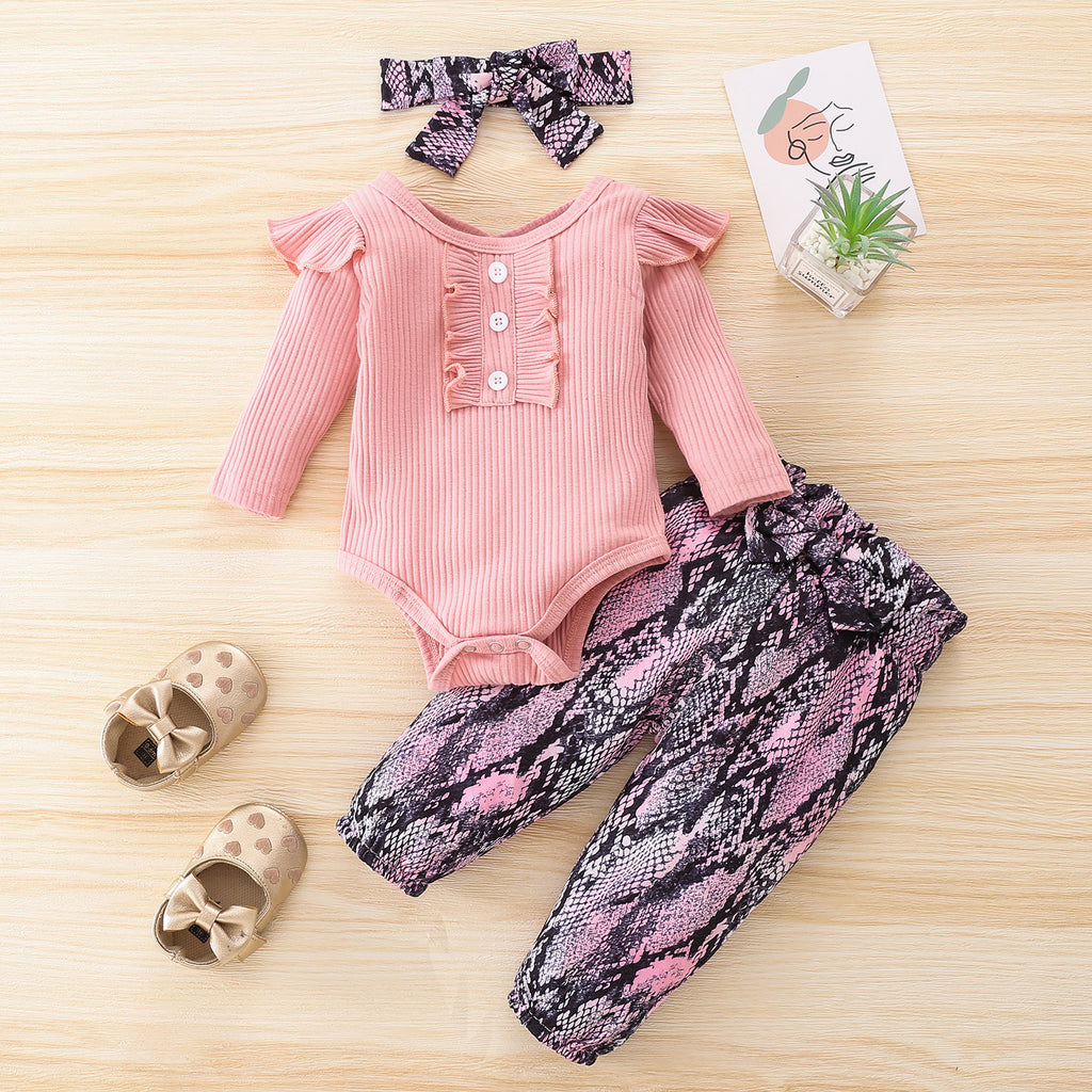 Baby Girls Solid Lace Jumpsuit Printed Pants Set - PrettyKid