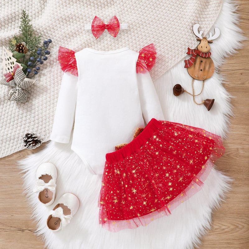 Baby Girls Solid Color Cartoon Christmas Print Long Sleeve Jumpsuit Net Short Skirt Set - PrettyKid