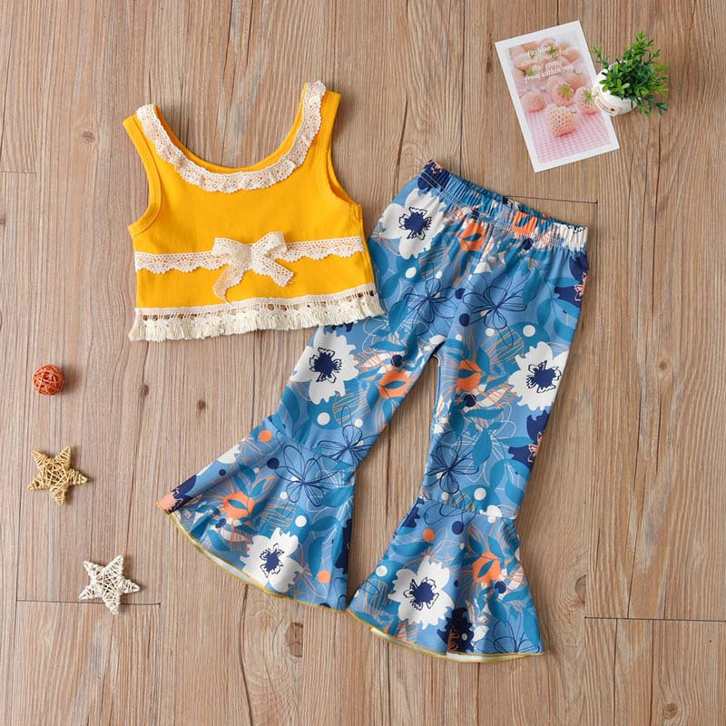 Toddler Kids Girl Solid Sleeveless Lace Patchwork Top Print Flared Pants Set - PrettyKid