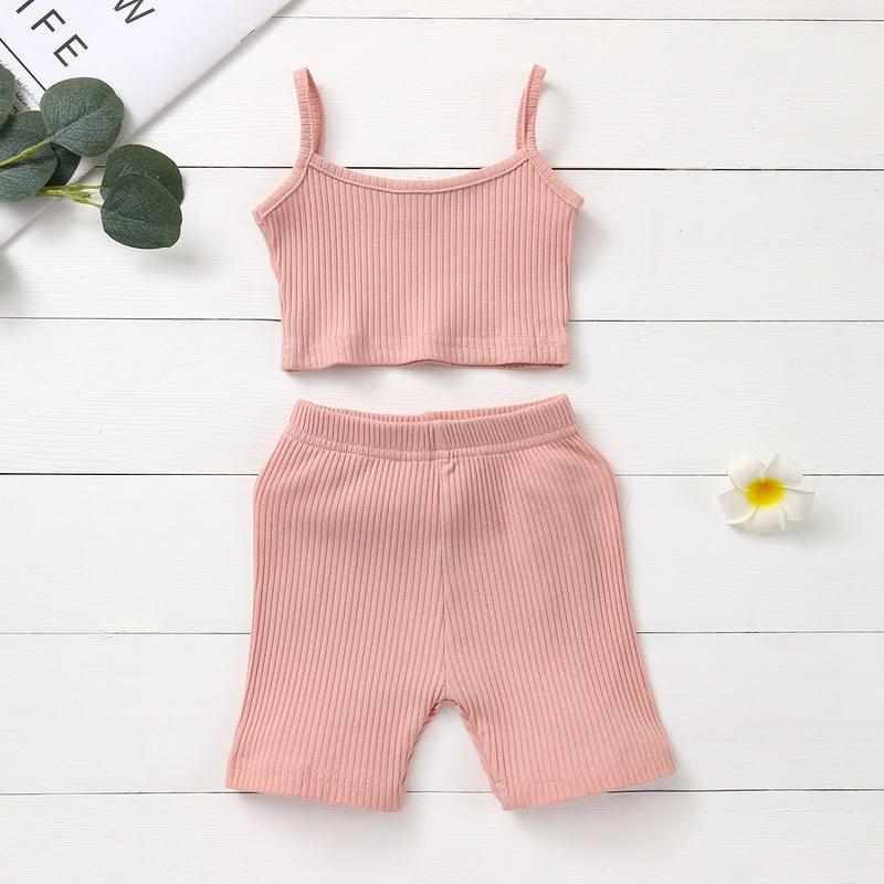 Toddler Girls Solid Color Knitted Camisole Undershirt Pants 2PCS - PrettyKid