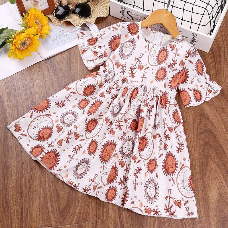 Kids Girls Solid Flower Print Short Sleeve Dress - PrettyKid