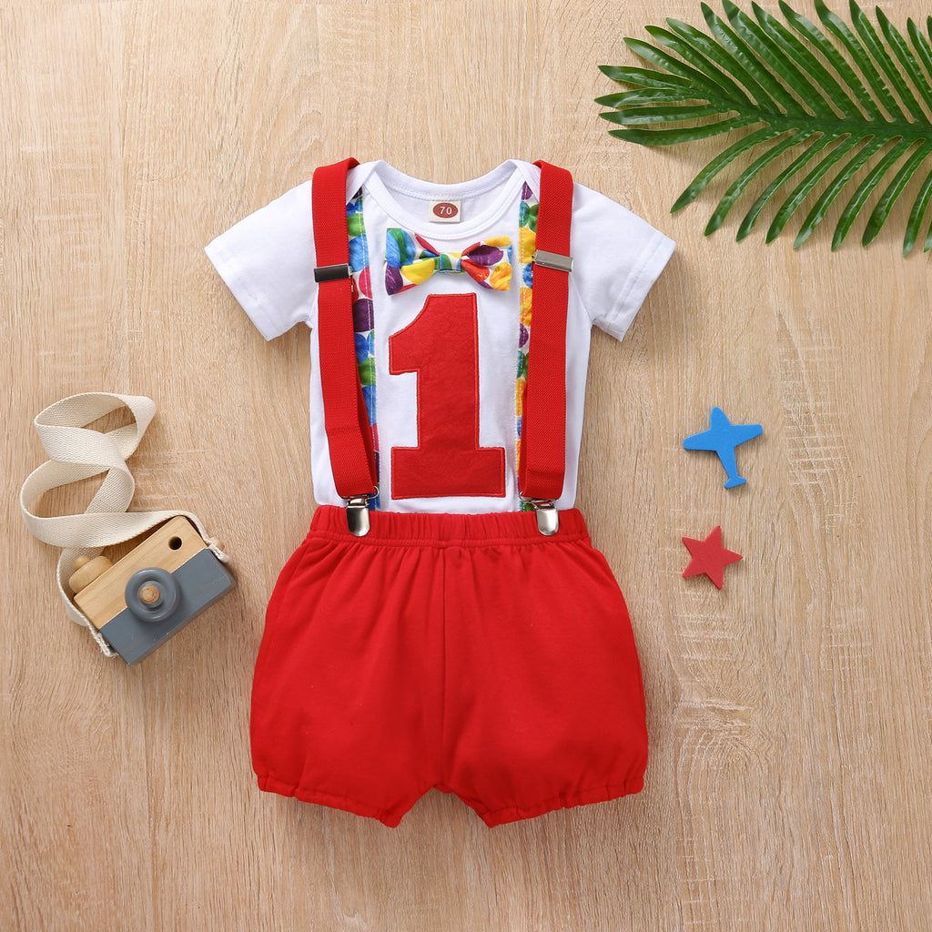 Baby Boys Red Digital Printing One-piece Suit with Suspender Pants Set - PrettyKid