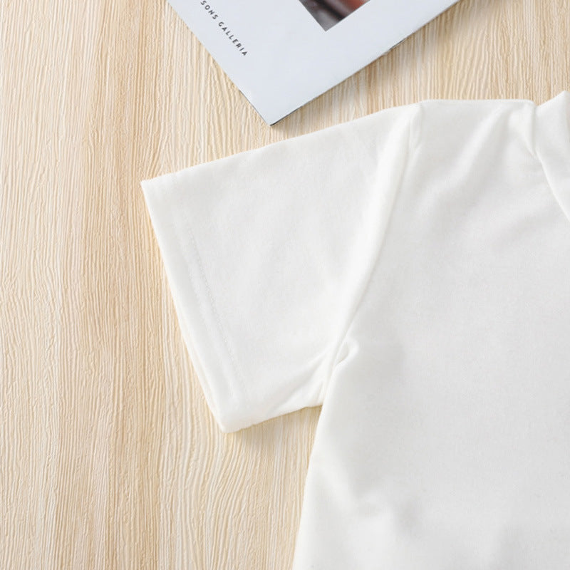 Toddler Kids Girls White Short Sleeved T-shirt Plaid Print Pleated Skirt Tie Set - PrettyKid