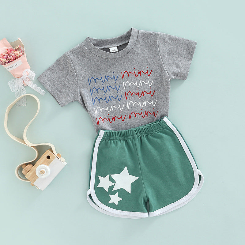 Toddler Kids Boys Solid Letter Short Sleeve T-shirt Pentagram Star Printed Shorts Set - PrettyKid