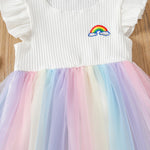 9M-4Y Rainbow Patchwork Mesh Flying Sleeve Pit Dress Wholesale Baby Clothes - PrettyKid