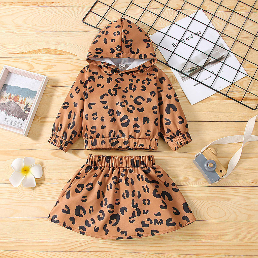 Toddler Kids Girls Leopard Print Hoodie Short Skirt Set - PrettyKid