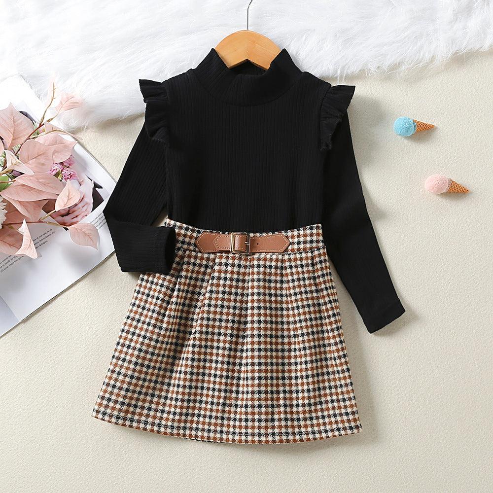 Toddler Kids Girls' Black Sweater Plaid Skirt Two Piece Set - PrettyKid