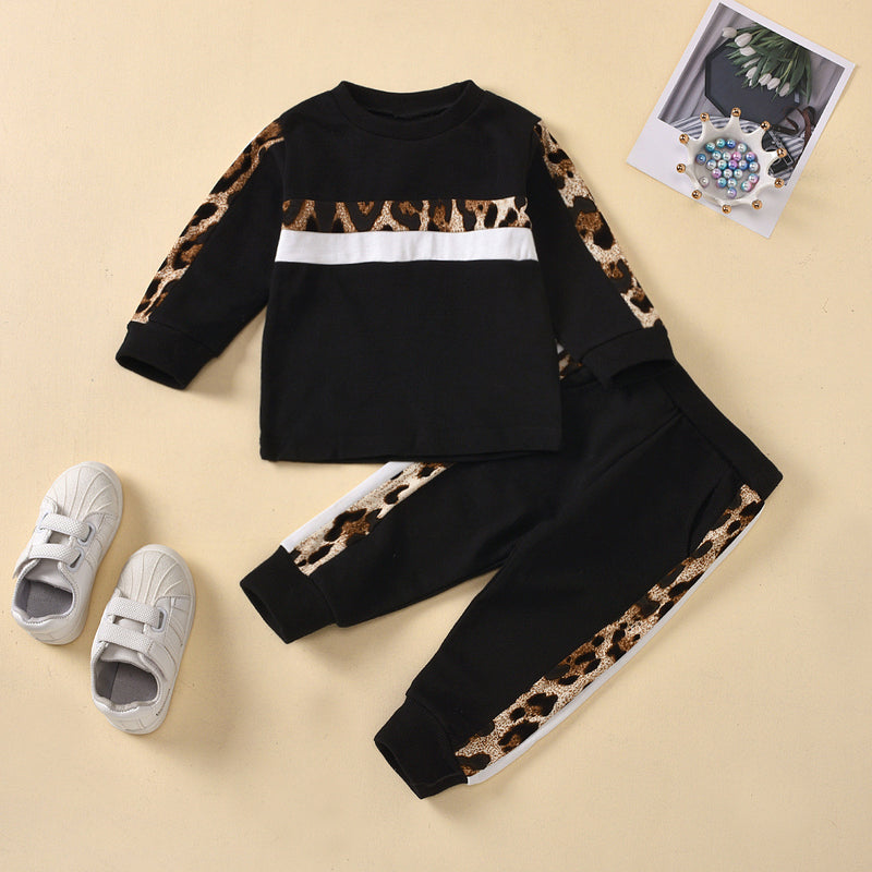 Toddler Kids Solid Color Round Neck Leopard Print Splicing Long Sleeve Sports Suit - PrettyKid