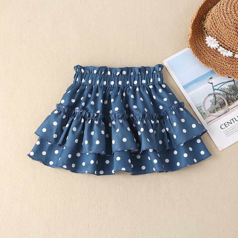 Children Summer Girls Wave Dot Printed Suspender Skirt Set Wholesale Girls Dresses - PrettyKid