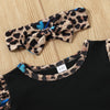 Toddler Kids Girls Solid Leopard Print Stitching Short Sleeve Crew Neck Top Headband Skirt Set - PrettyKid