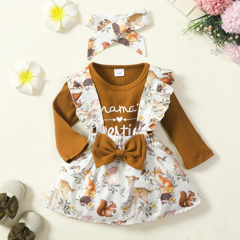 Toddler Girls Solid Letter Jumpsuit Animal Strap Skirt Set - PrettyKid