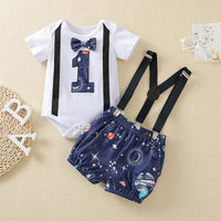 Baby Boys Solid Color Digital Planet Print Round Neck Bodysuit Suspender Pants Set - PrettyKid