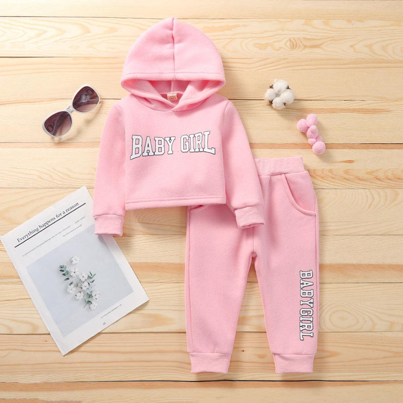 Toddler Kids Girls Solid Color Letter Print Hooded Sweatshirt Long Sleeve Suit - PrettyKid