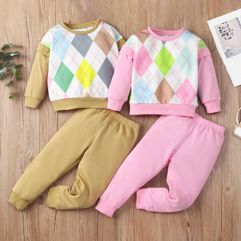 Toddler Kids Solid Color Rhombus Print Round Neck Long Sleeve Loungewear Suit - PrettyKid