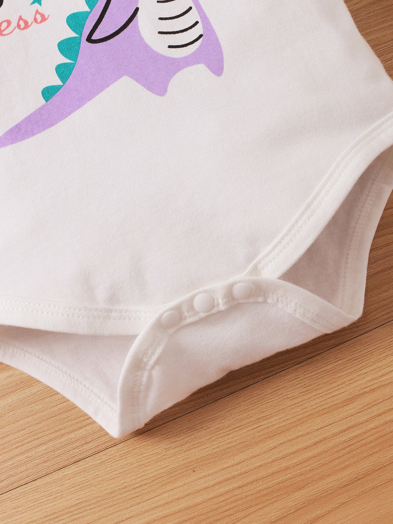 Baby Girls Solid Color Cute Little Dinosaur Print Long Sleeve Jumpsuit Pants Set - PrettyKid