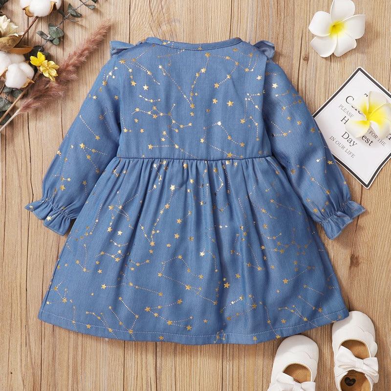 Toddler Kids Girls Solid Star Print Denim Long Sleeve Dress - PrettyKid