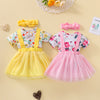 Baby Girls Flower Print Short Sleeve Baby Jumpsuit Solid Color Suspender Skirt Headband Set - PrettyKid