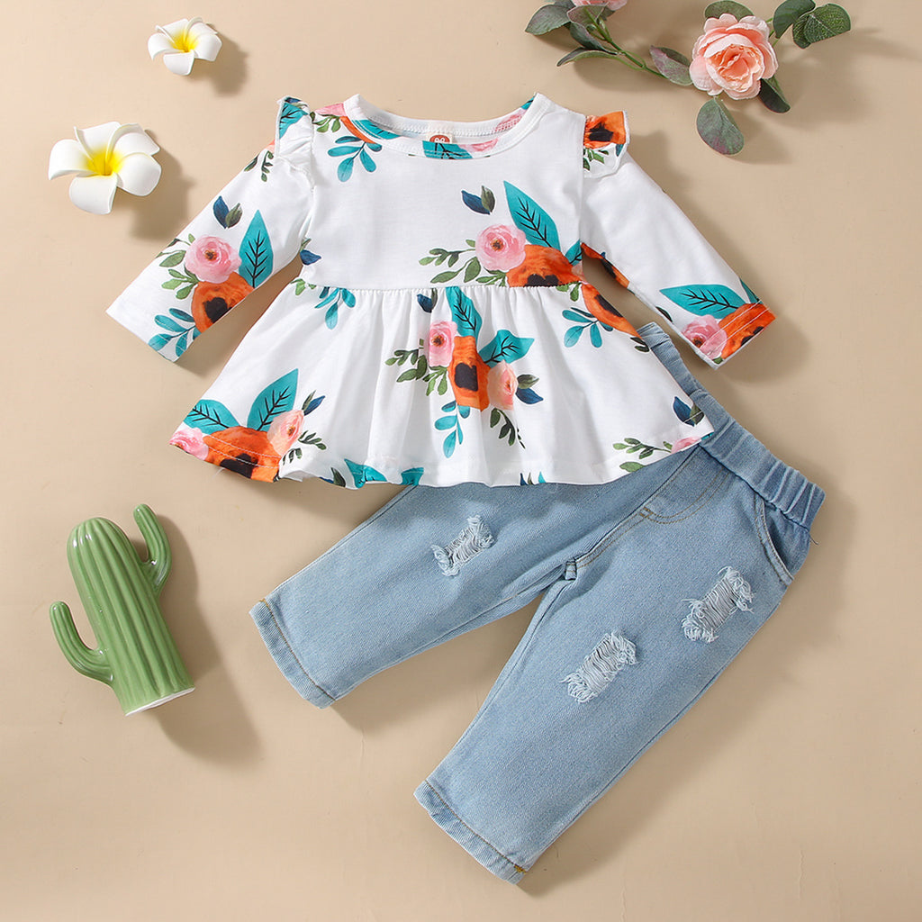 Toddler Girls Long Sleeved Floral Print Top Denim Pants Set - PrettyKid