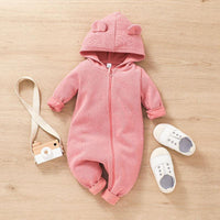 Baby Girls Solid Color Cute Cartoon Bear Zipper Hoodie Jumpsuit - PrettyKid