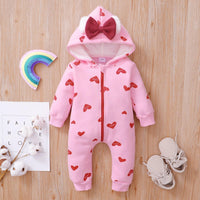 Baby Girl Solid Color Long Sleeve Love Rainbow Printed Hoodie Bow Jumpsuit - PrettyKid