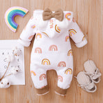 Baby Girl Solid Color Long Sleeve Love Rainbow Printed Hoodie Bow Jumpsuit - PrettyKid
