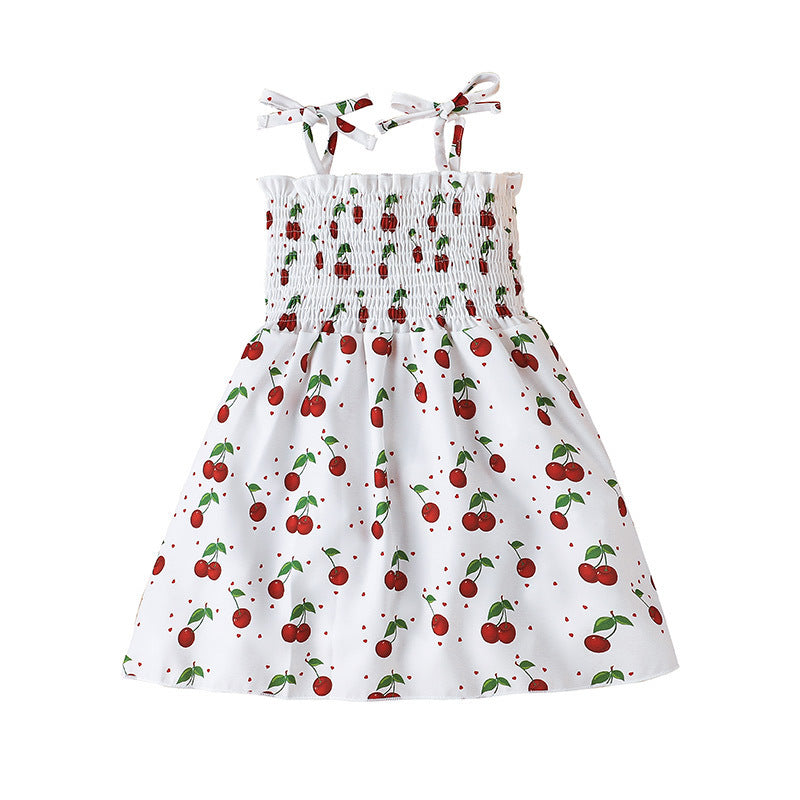 Toddler Kids Girl Solid Color Cartoon Fruit Print Suspender Vest Dress - PrettyKid