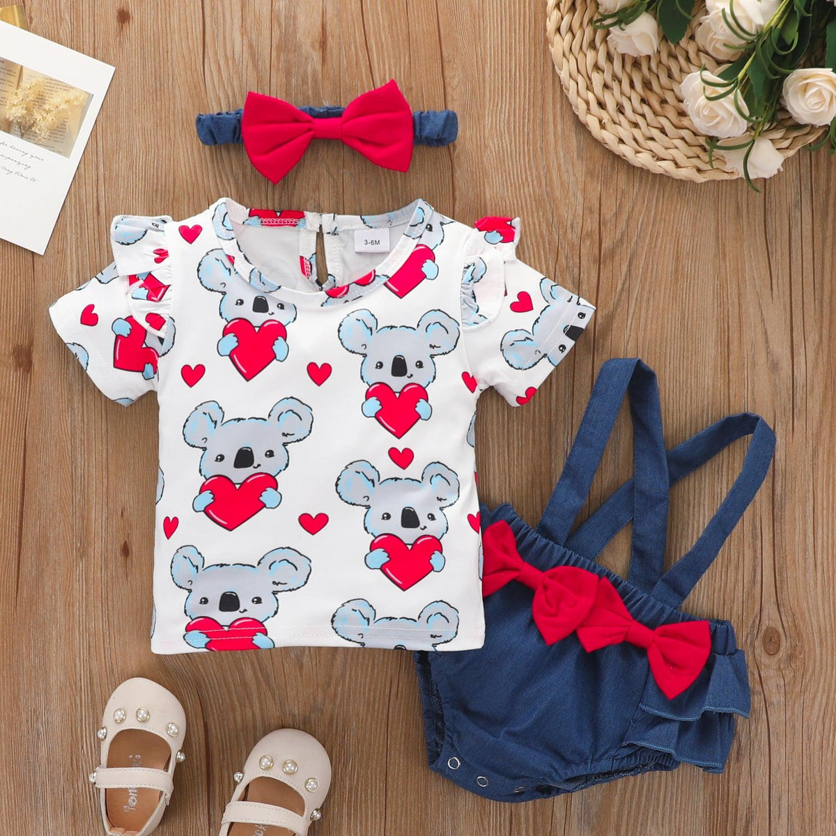 Toddler Boys Girls Cartoon Koala Love Printed Top Denim Strap Bow Pants Set - PrettyKid