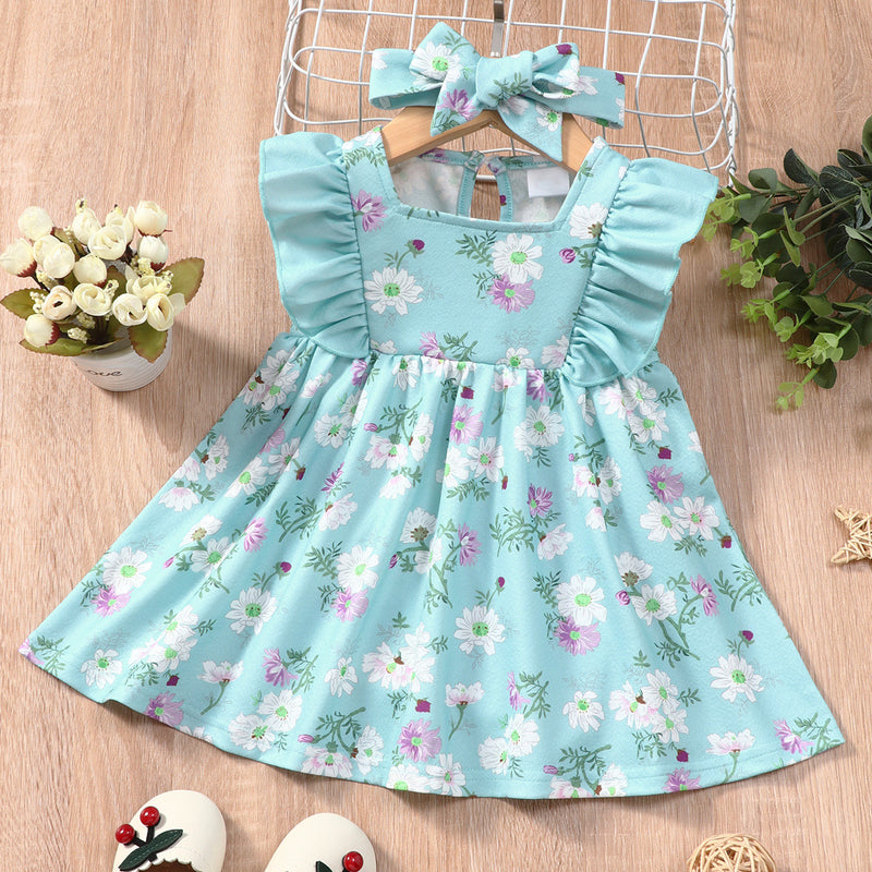 Toddler Girls Solid Flower Print Sleeveless Dress - PrettyKid