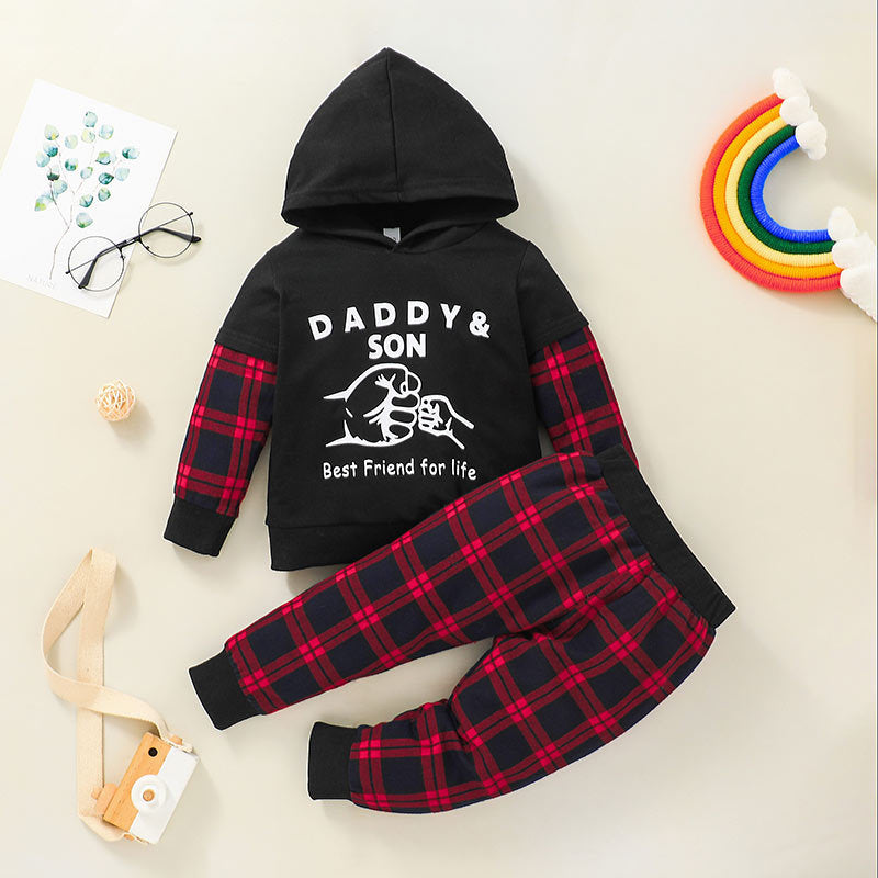 Toddler Kids Boys Daddy&son Letter Print Solid Color Hooded Sweatshirt Plaid Pants Set - PrettyKid
