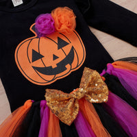 Toddler Girls Halloween Pumpkin Print Jumpsuit Mesh Skirt Hair Accessories Set - PrettyKid