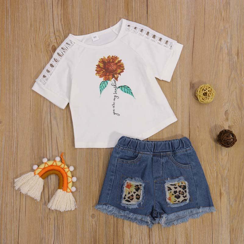 Toddler Kids Girls Solid Sunflower Print Shoulder Cut-out Top Leopard Denim Shorts Set - PrettyKid