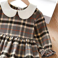 Children Girl's Doll Neck Plaid Long Sleeve Dress - PrettyKid