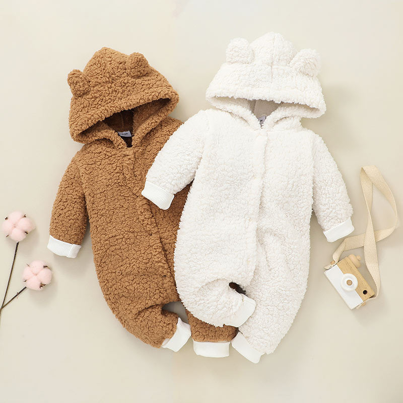 Baby Boys Girls Solid Color Furry Hooded Jumpsuit Crawling Clothes - PrettyKid