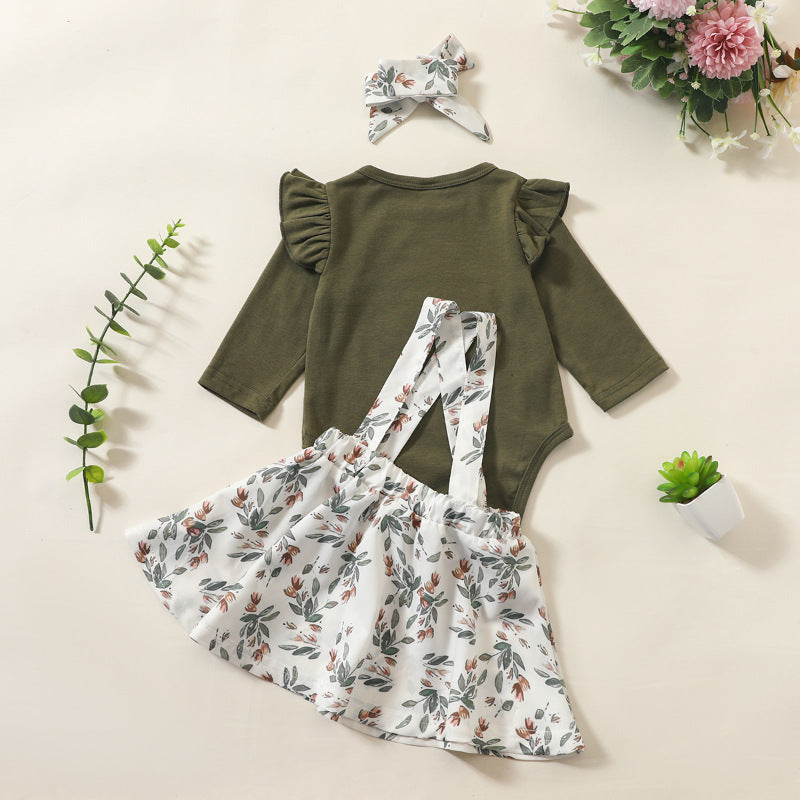 Baby Girls Solid Color Long Sleeve Jumpsuit Plant Printed Suspender Dress Hair Band Three Piece Set - PrettyKid