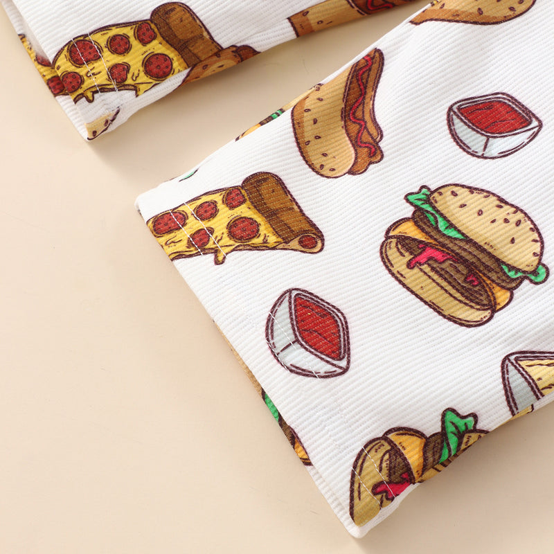 Toddler Kids Girls' Solid Color Letter Printed Long Sleeve Top Cartoon Food Printed Suspender Pants Set - PrettyKid