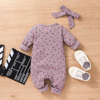 Baby Girls Solid Color Lovely Flower Print Long Sleeve Jumpsuit - PrettyKid