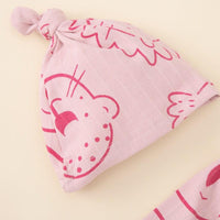 Baby Girls Pink Cartoon Panda Long Sleeved Foot Wrap Bodysuit Hat Two Piece Set - PrettyKid