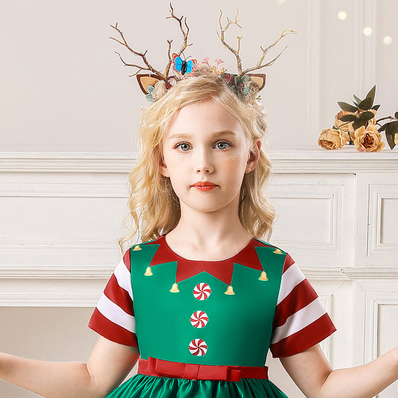 Toddler Kids Girls Christmas Elf Elf Short Sleeve Dress - PrettyKid