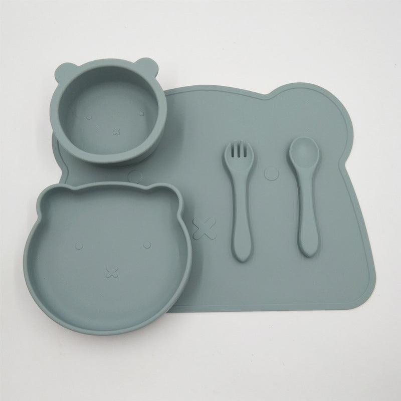 Children's Tableware Set Solid Color Bear Silicone Bowl Dinner Plate Meal Pad Fork Spoon 4-piece Set - PrettyKid