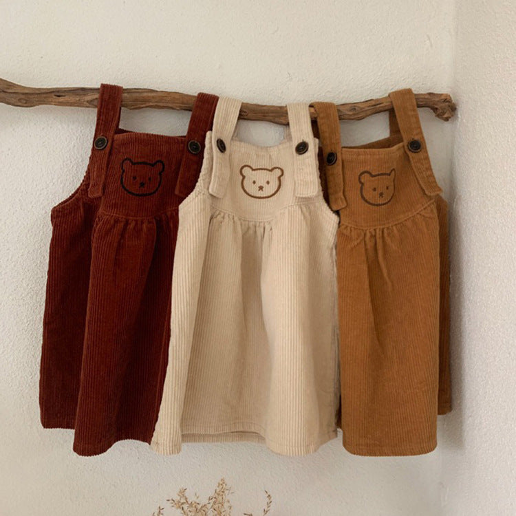 Toddler Kids Girls Solid Color Embroidered Bear Corduroy Straps Dress - PrettyKid