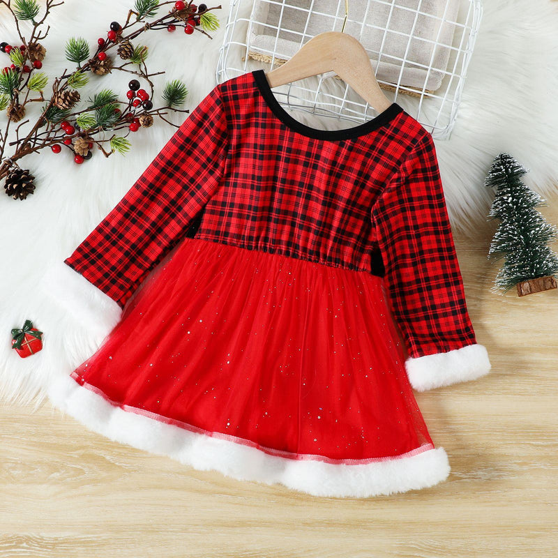 2022 Toddler Girls Plaid Print Christmas Long Sleeve Dress - PrettyKid
