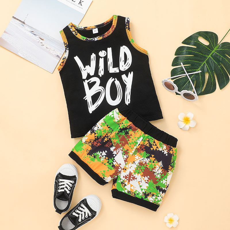 Toddler Kids Boys Summer Solid Color Cartoon Printed Vest and Shorts Set - PrettyKid
