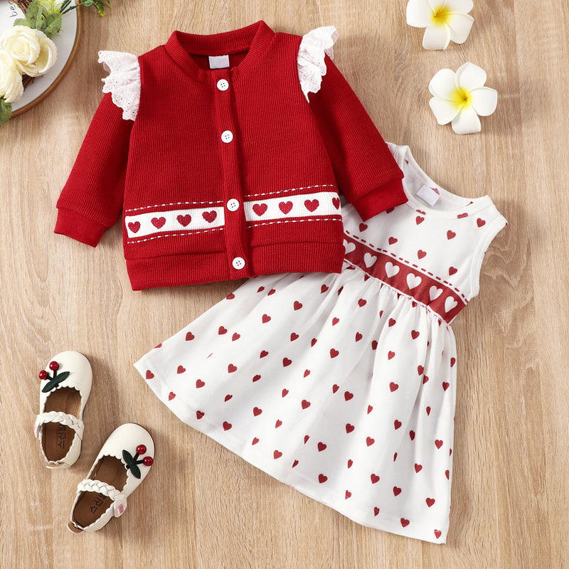Toddler Girls Solid Color Love Printed Sweater Vest Skirt Set - PrettyKid