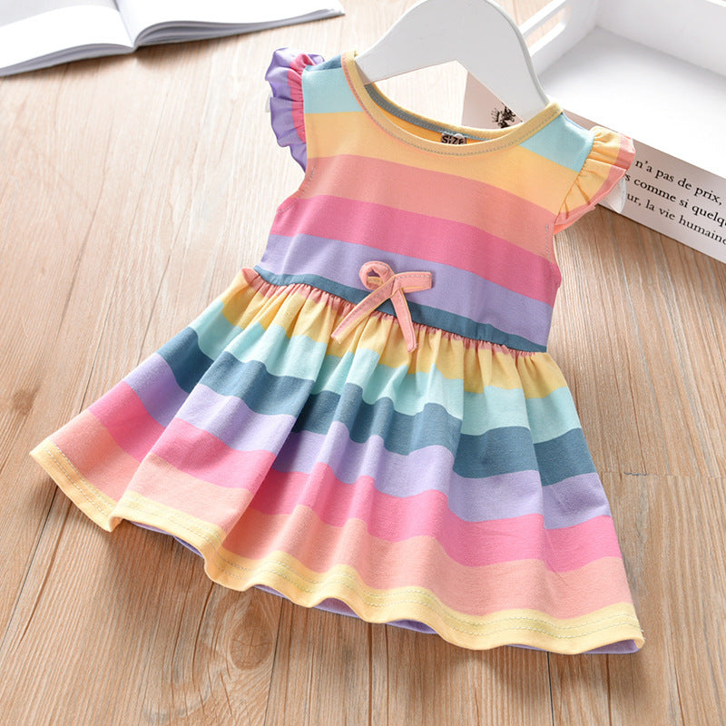 Toddler Kids Girls Summer Cotton Rainbow Stripe Wing Short Sleeve Dress - PrettyKid