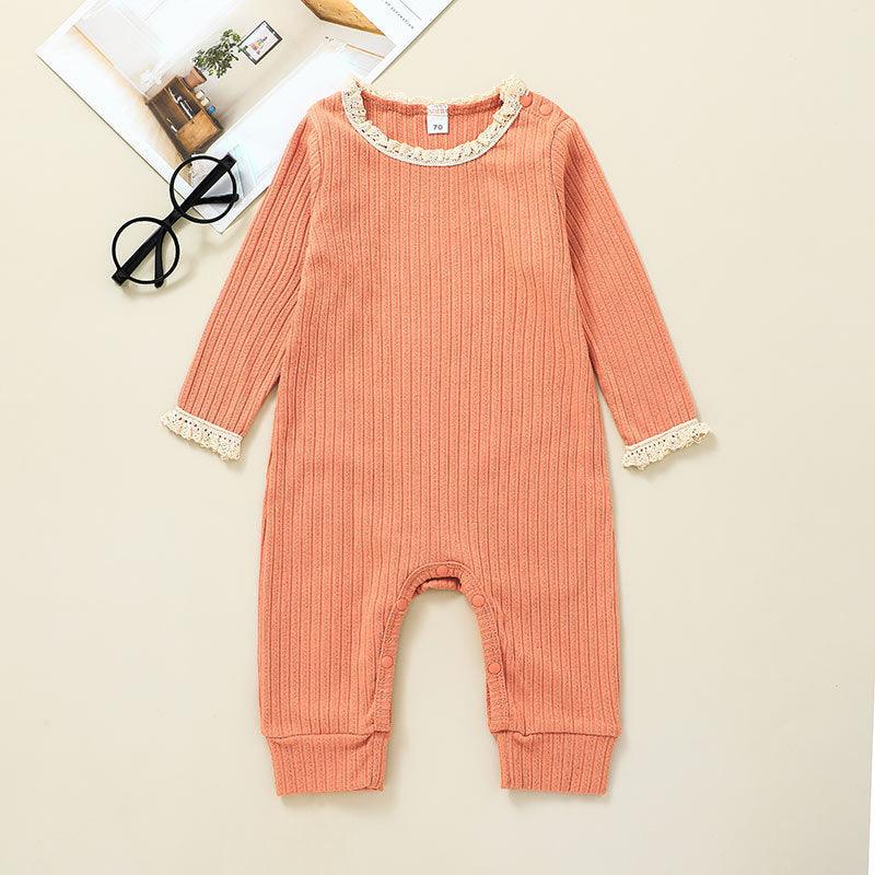 Baby Girls Solid Color Long Sleeve Knit Stripe Jumpsuit - PrettyKid